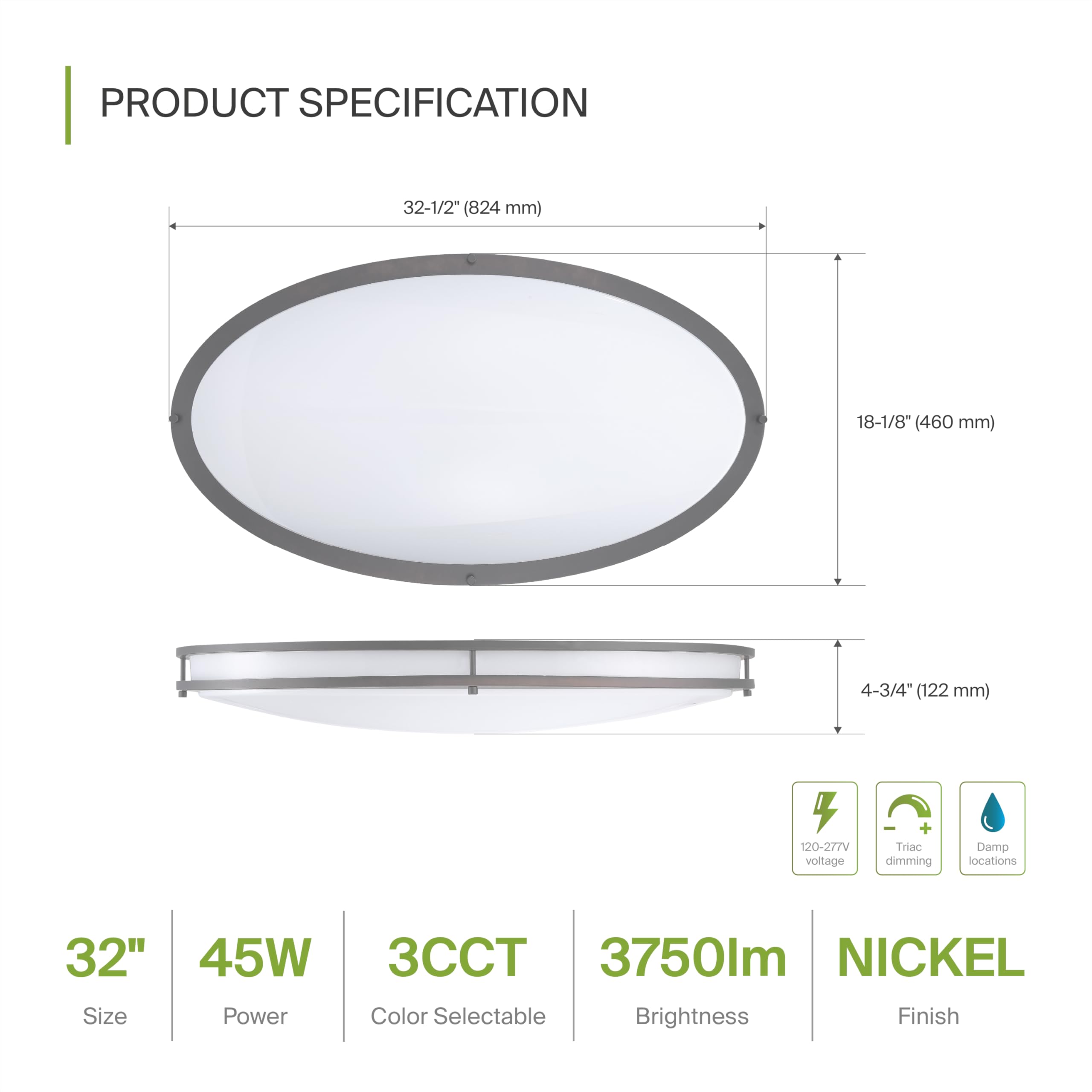 ASD LED 32" Oval Flush Mount Lighting, Close to Ceiling Light Fixture | 3CCT, Dimmable, Energy Star, ETL Listed | 45W 3750LM 3000-5000K 100-277V | Low Profile Double Ring Lamp | Nickel