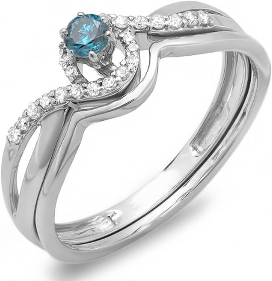 Dazzlingrock Collection 0.25 Cttw 10k Blue And White Diamond Swirl Crossover Bridal Engagement Ring Set 1/, Solid White Gold