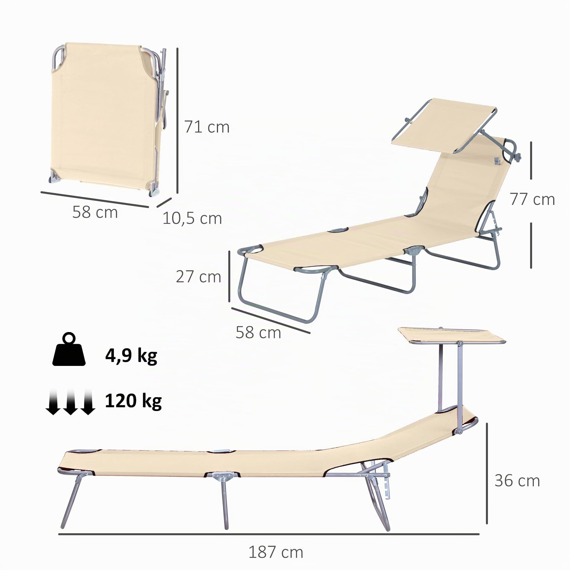 Outsunny Transat Bain de Soleil Pliable 187L x 58l x 36H cm Beige