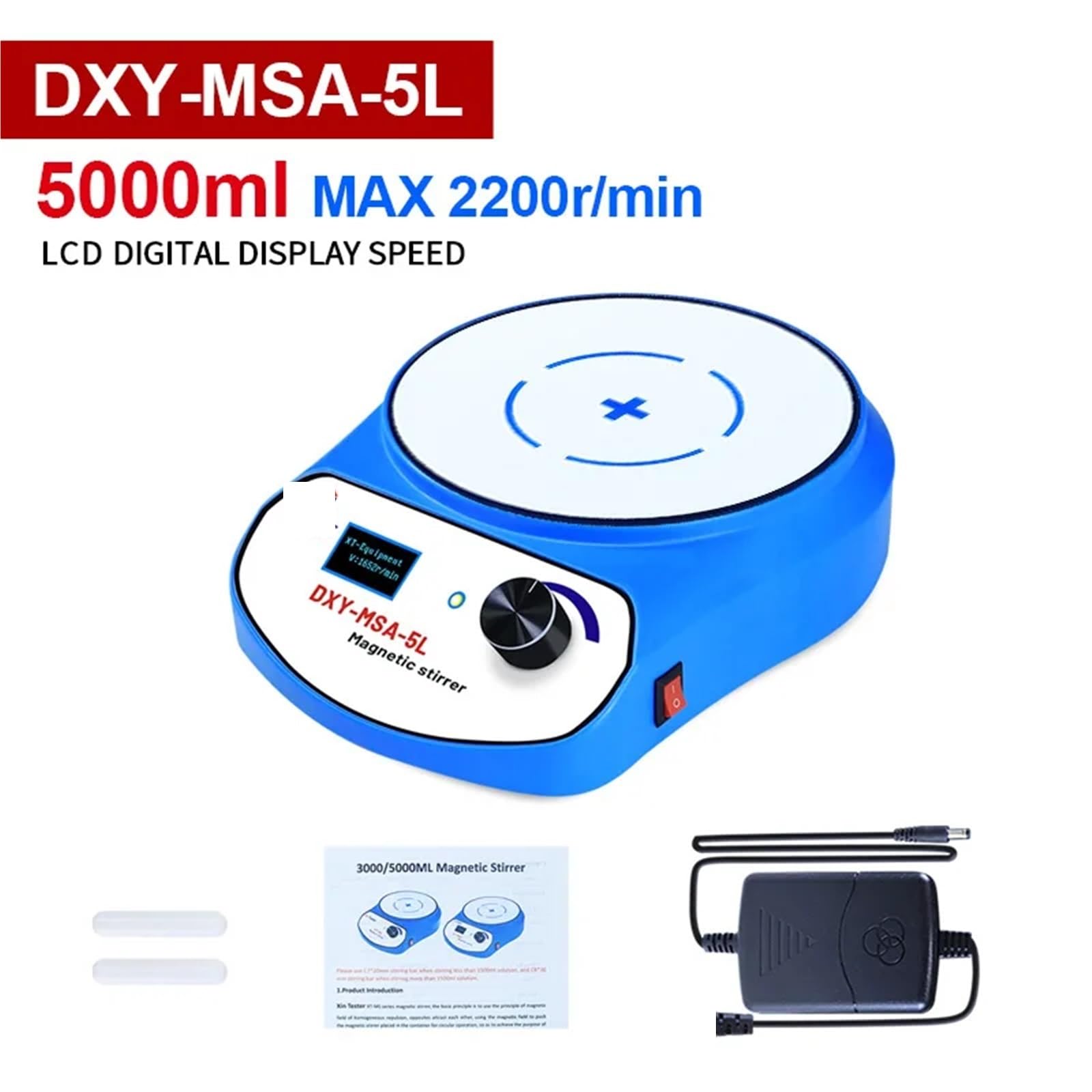 Agitador de laboratorio, Mini agitador magnético de 3000 ml y 5000 ml con pantalla digital y dos barras de agitación.(DXY-MSA-5L)