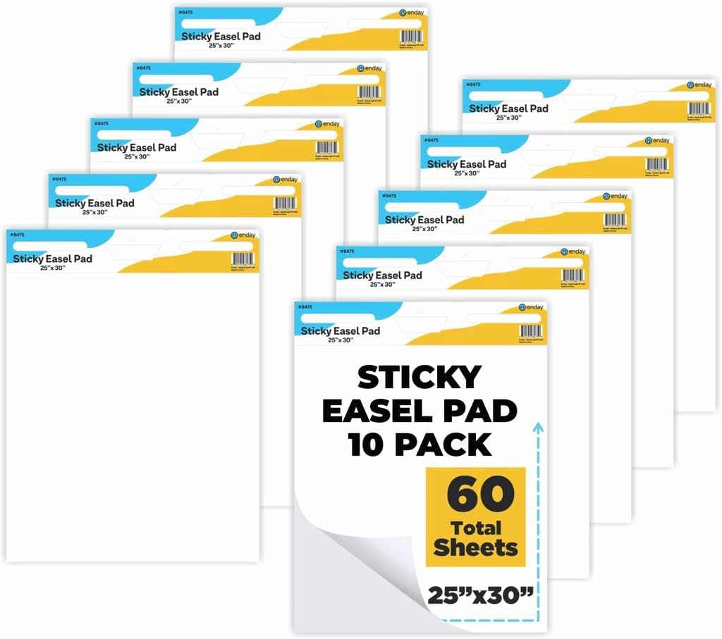 Enday Sticky Easel Pads 25"x 30" - Anchor Chart Paper, Chart Paper for Teachers, Flip Chart Paper, 25 in x 30 in Easel Paper, Large White Easel Pads Self Sticky Chart Paper 30 Sheets Per Pad (10-Pack)