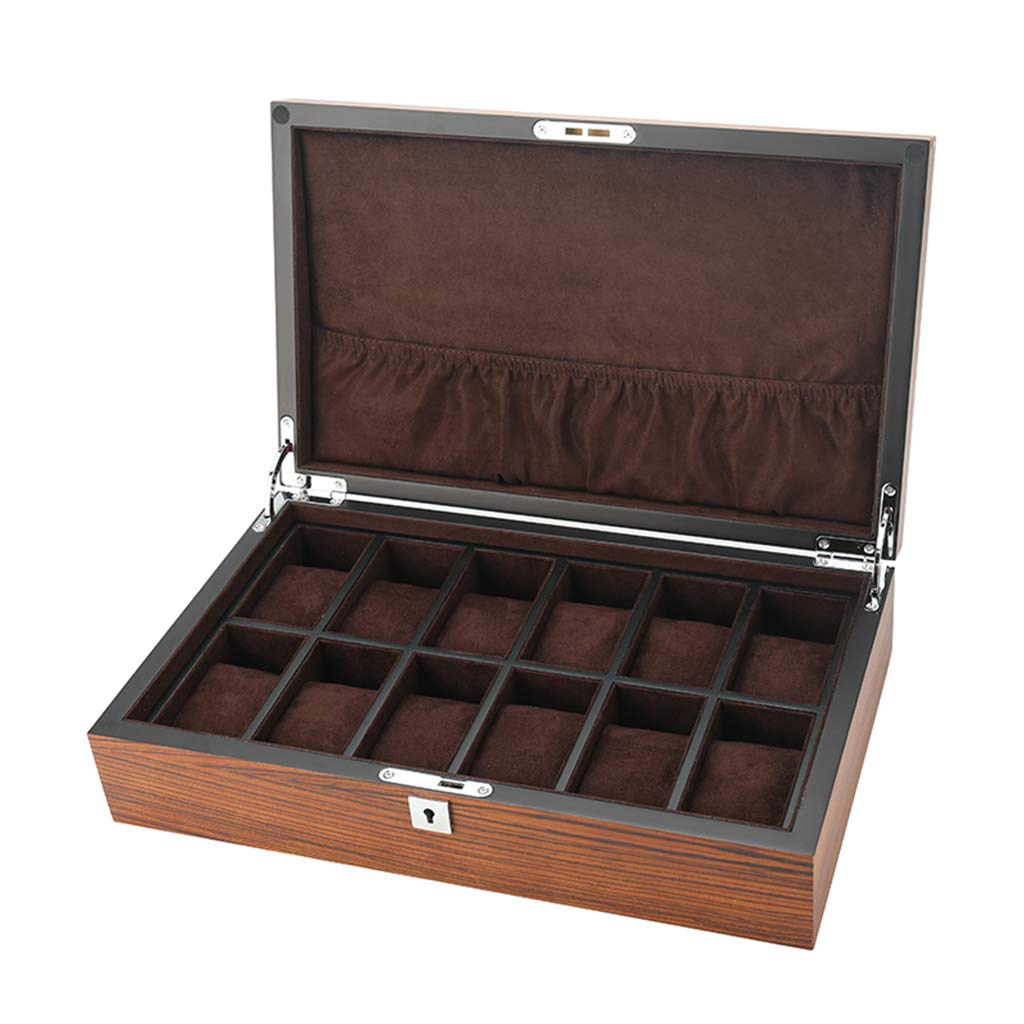 ANVLOJRIH Wood Watch Box Glass Lid 12 Watch Luxury Jewellery Display Storage Box Bracelet Tray with 12 Brown/Beige Removal Storage Pillows and Lockable Metal Clasp