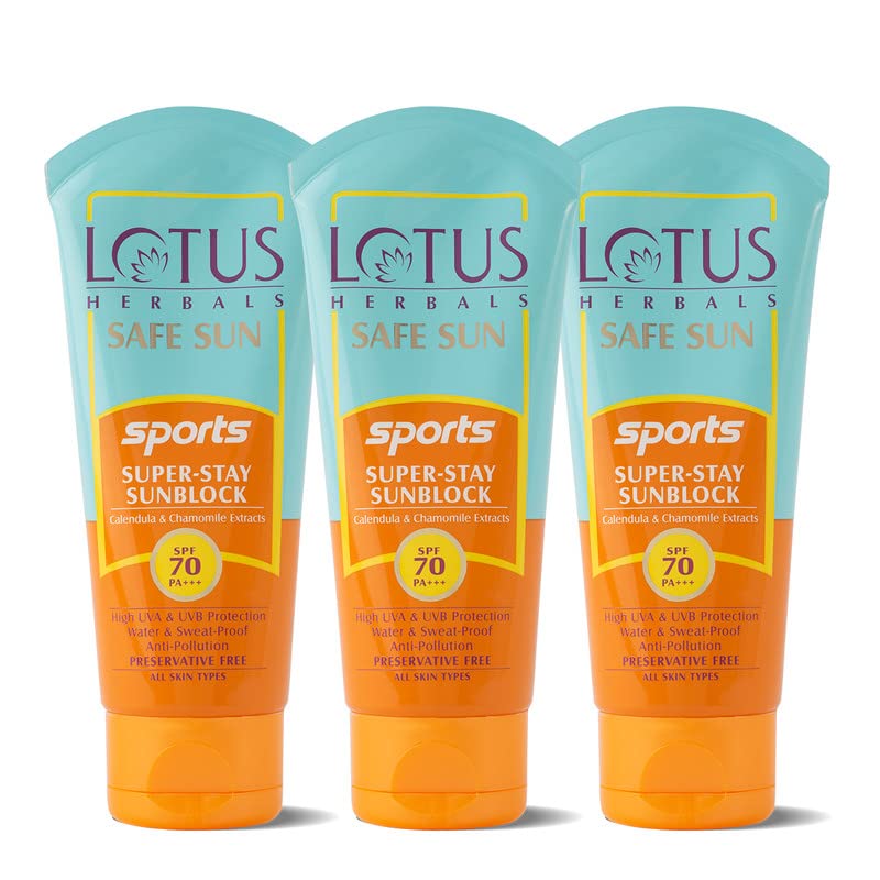 Lotus Herbals Safe Sun Sports Super-Stay Sunblock SPF 70 PA+++| Calendula and Chamomile| Preservative Free, Anti-Pollution|80 g(Pack Of 3)