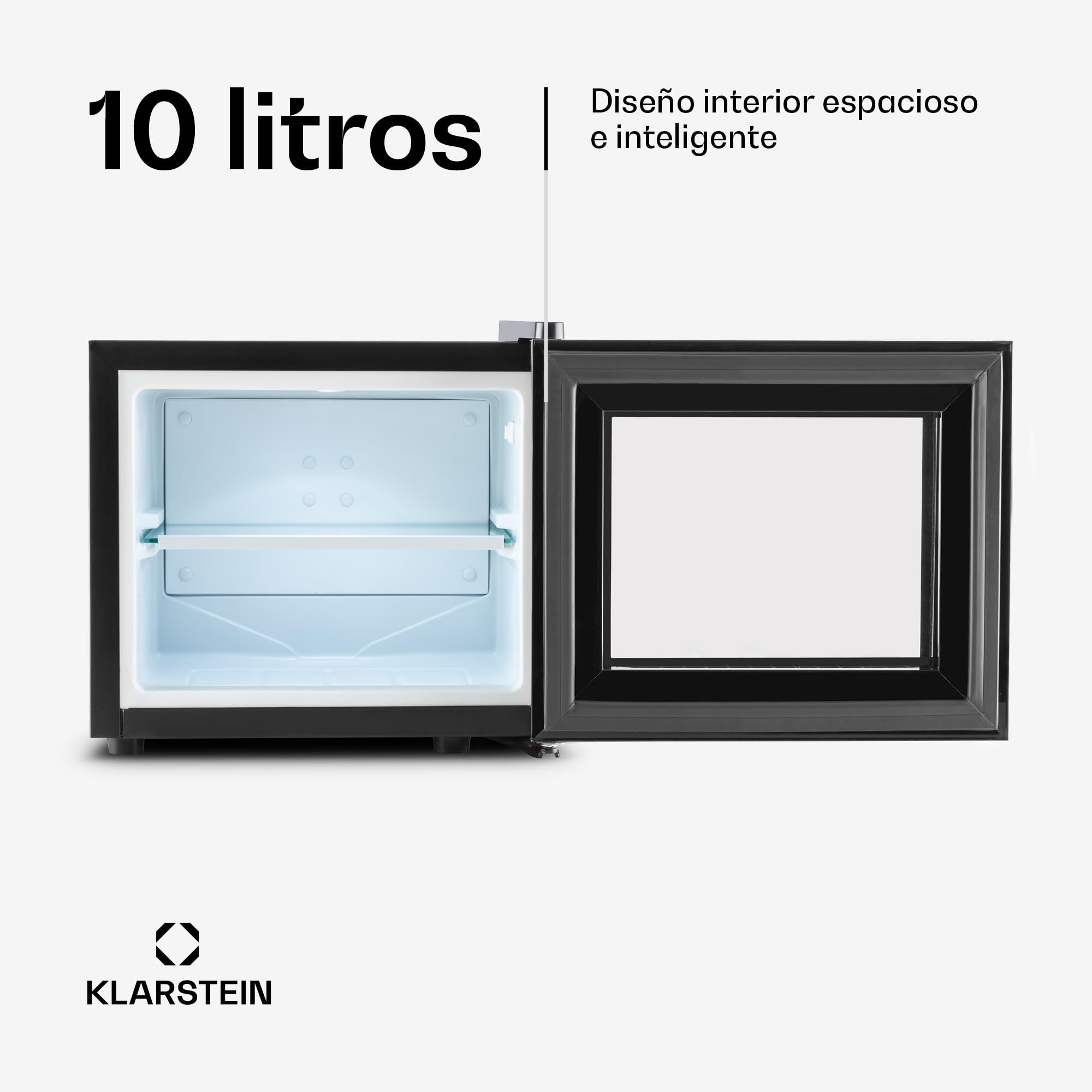 KLARSTEIN Frosty Nevera Mini - Frigorífico de bebidas, 10 litros, 65W, Puerta de cristal, Doble aislamiento, Baja contaminación acústica, Diseño compacto, Estantes extraíbles, Clase B, Negro