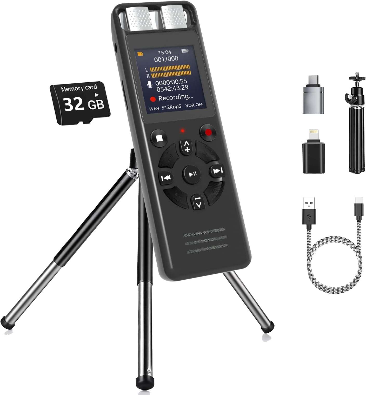 128GB Digital Voice Activated Recorder for Lectures&Meetings,Phone Connected via OTG,9280 Hours Audio Recorder with Tripod Stand,Recording Device with Playback,Password,Variable Speed (32GB)