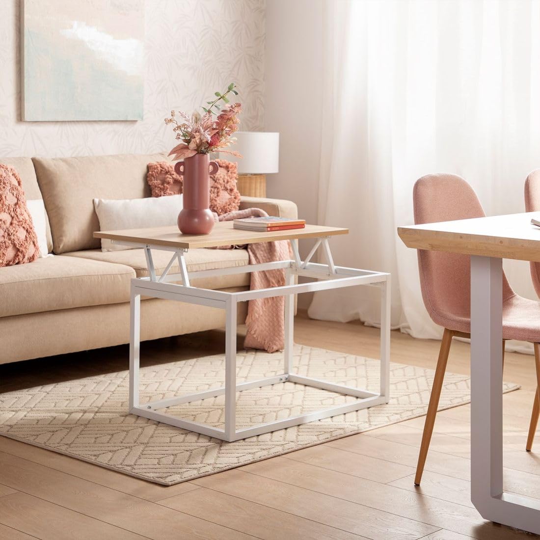 KLAST Mesa de Centro elevable en Madera Color Natural con Pata Blanca