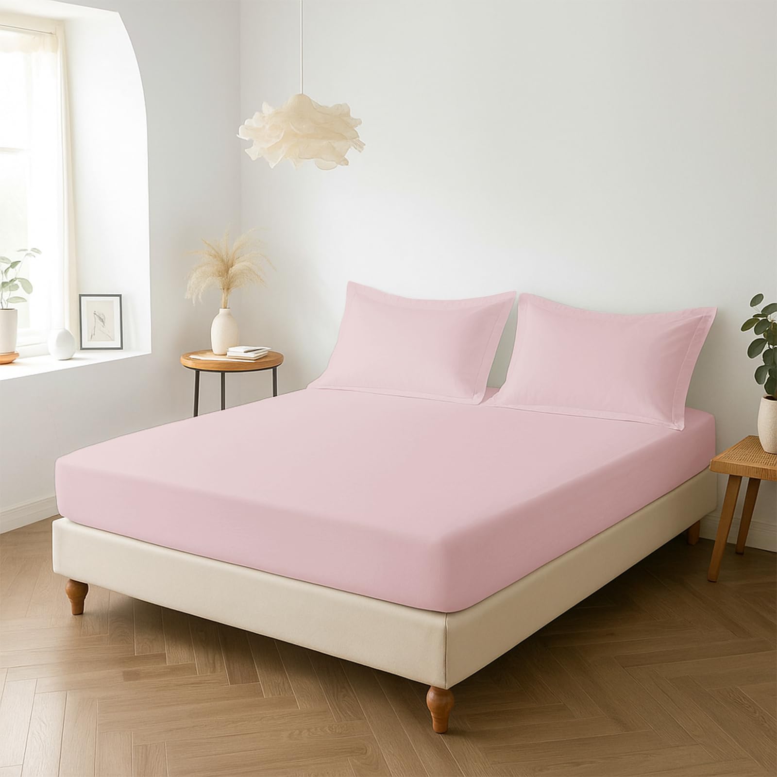 PizunaPercale Fitted Sheet Super King 180x200 cm with 2 Pillow Cases, Light Pink, 100% Long Staple Cotton, Crisp Percale Weave, Fitted Bed Sheets with 40 cm Deep Pocket