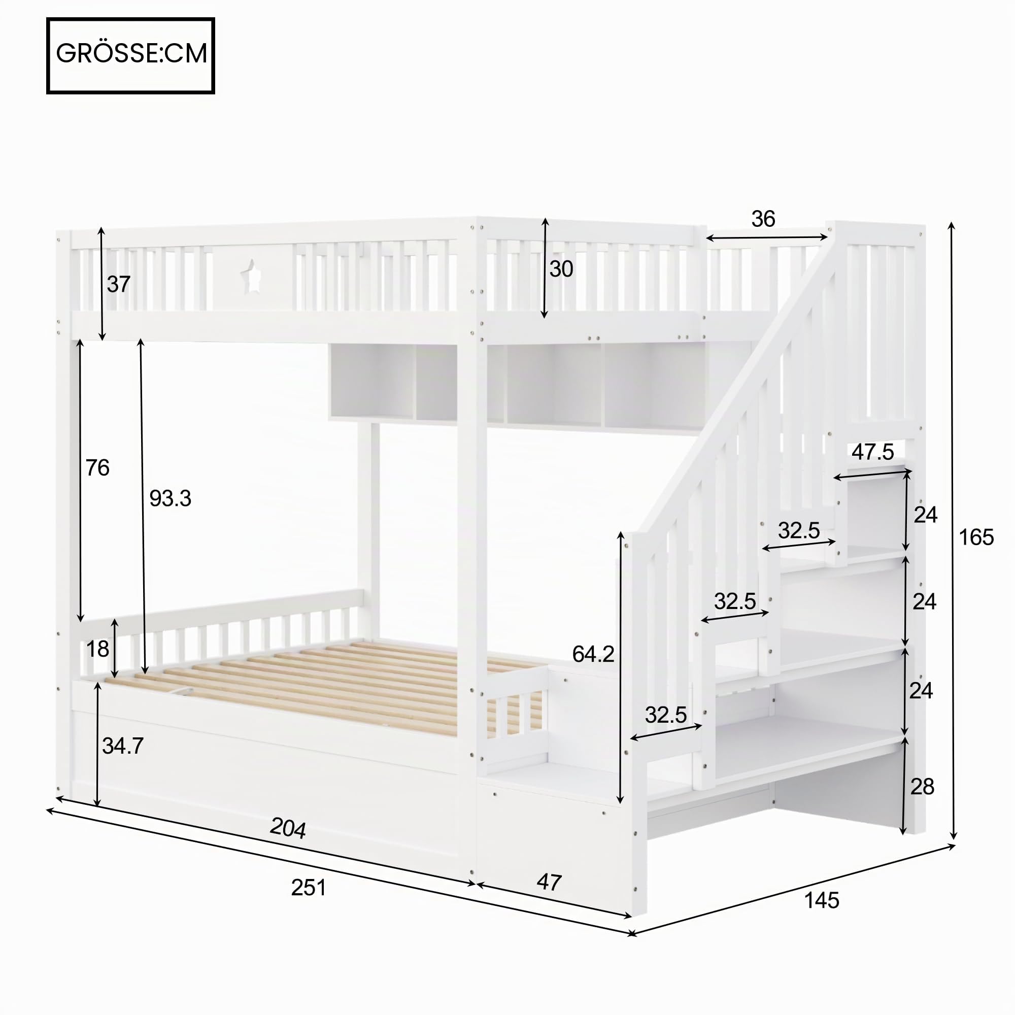 Merax Etagenbett 140x200 cm, Jugendbett mit hydraulischem Unterbett, Stauraumtreppe, Regale, Massivholz Kinderbett, Weiß (ohne Matratze)