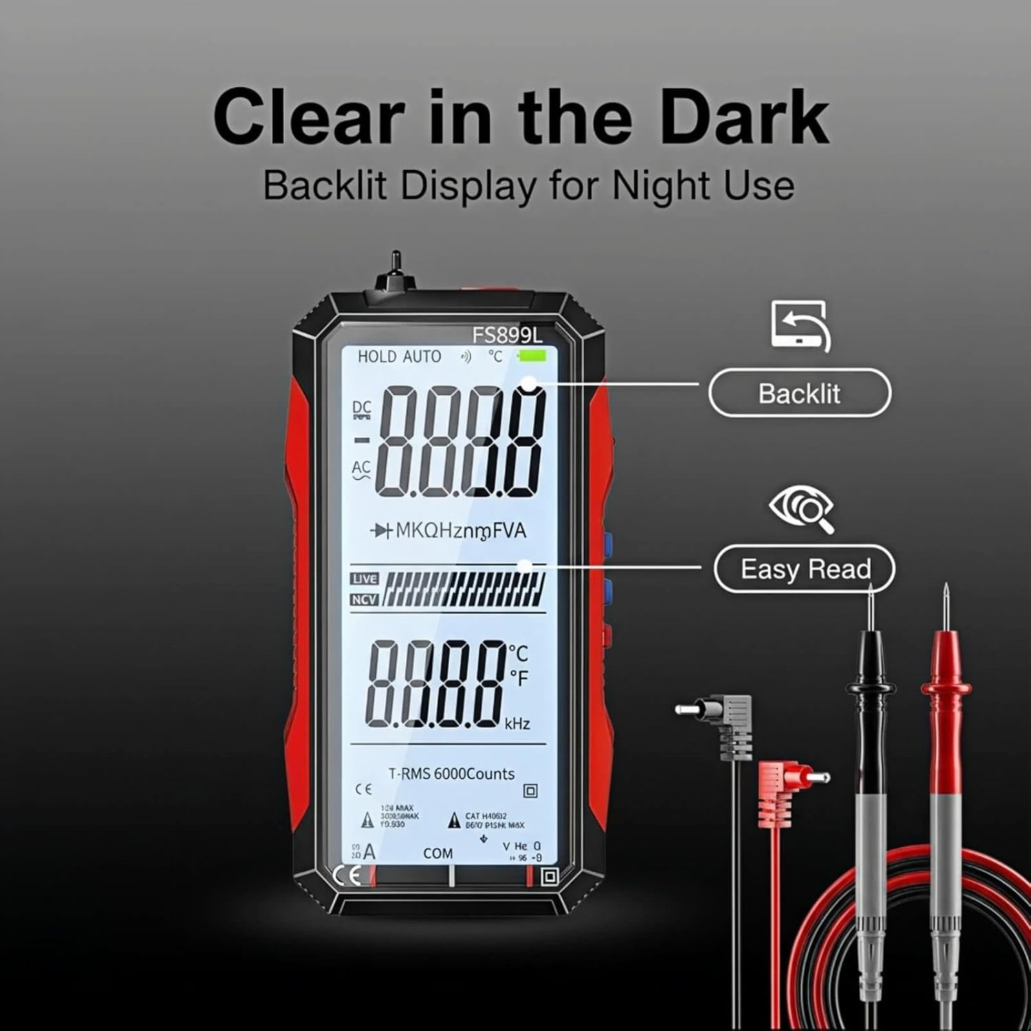 FS899L Multimeter display showing backlight and easy read features