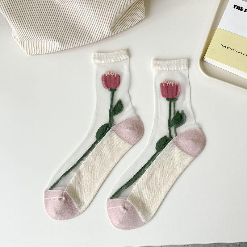 Image of 7 Pairs Women Floral Sheer Sock Elastic See Through Socks Summer Thin Mesh Lace Jacquard Socks Cottagecore Accessories