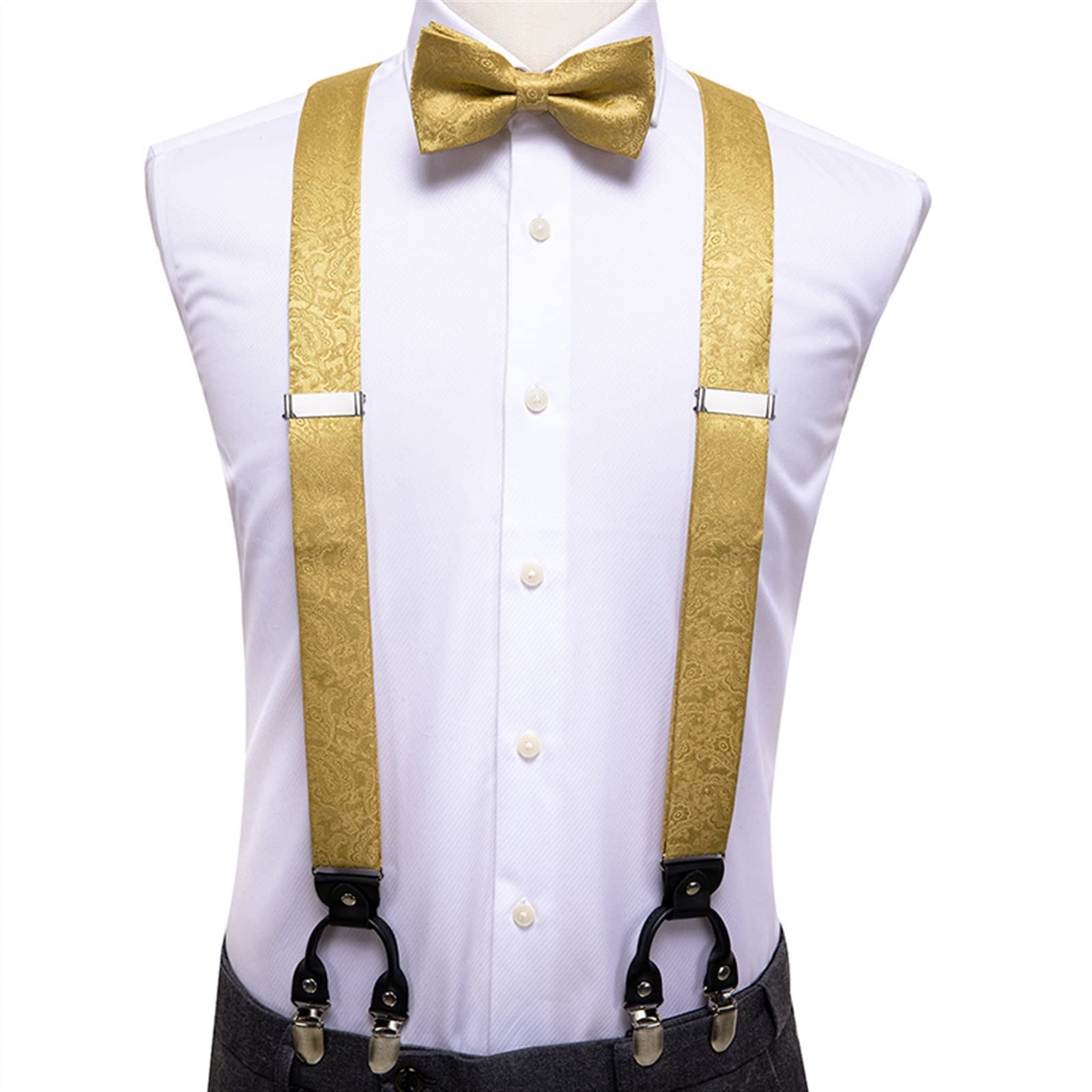 Ensemble de bretelles en soie pour homme et adulte - 6 clips - Style vintage - Doré - Motif floral - Nœud papillon
