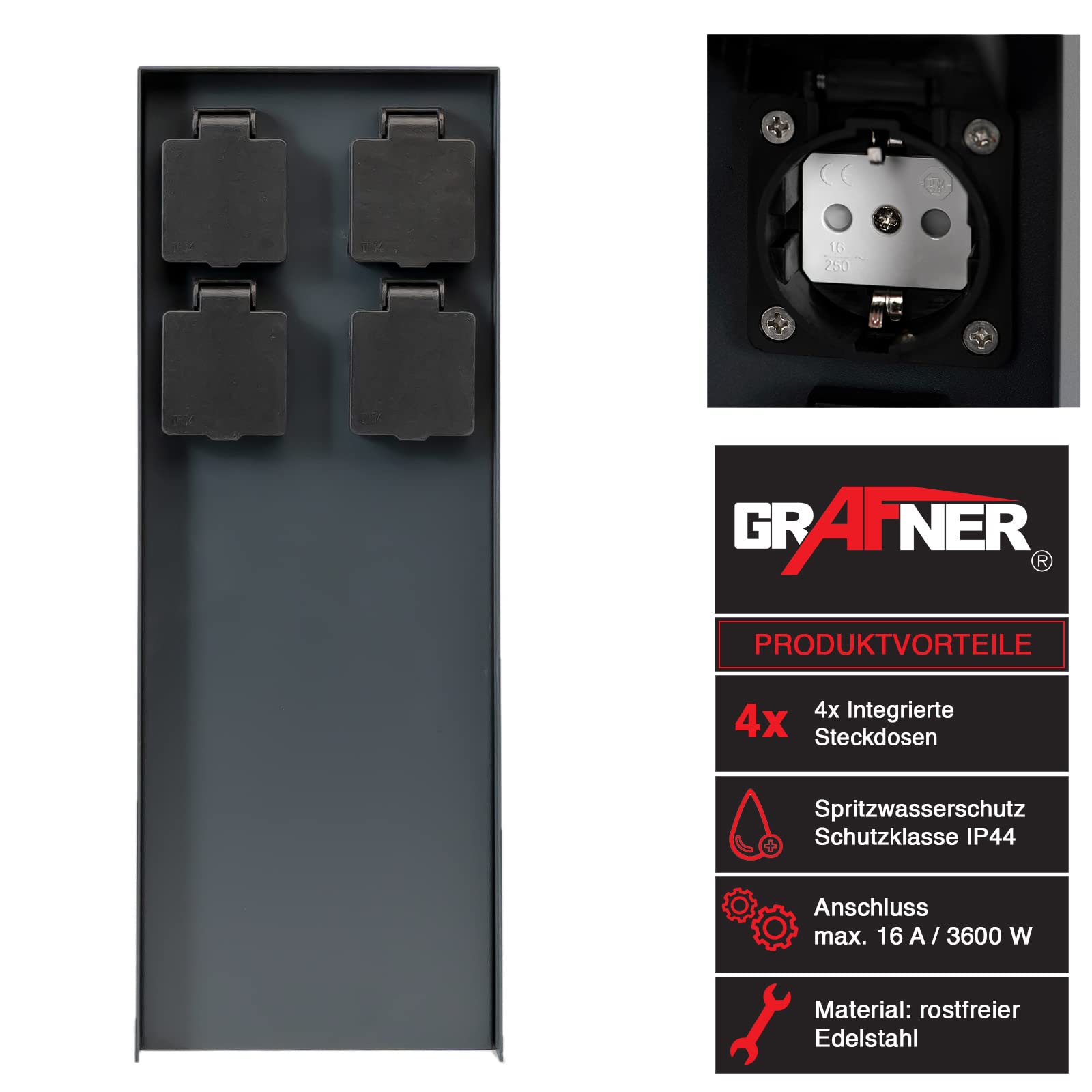 Grafner Edelstahl Design Gartensteckdose mit 4 Steckdosen, IP44, eckig, anthrazit, KEIN ROST – Pulver-Beschichtung, klein und schmal, Energiesäule Mehrfach Metall Außen Steckdose 4-Fach schwarz