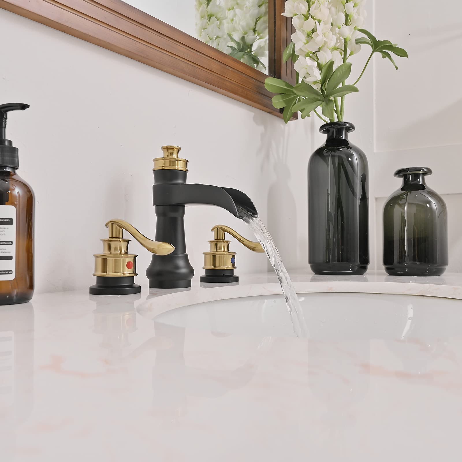 Rubinetto da Bagno a Tre Fori, 20 cm, 2 Maniglie, Nero e Oro, per Uso Commerciale, con Tappo di Scarico a Scomparsa in Ottone e Tubi di Alimentazione. Miscelatore per lavabo e Mobile Bagno.