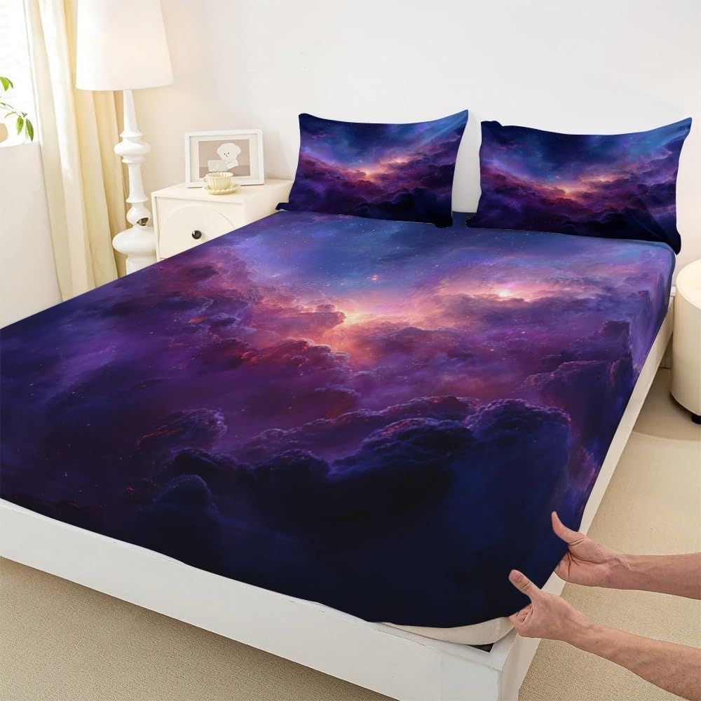 Drap Housse 200x200cm Violet Bande Élastique Réglable 2 Personnes Lit
