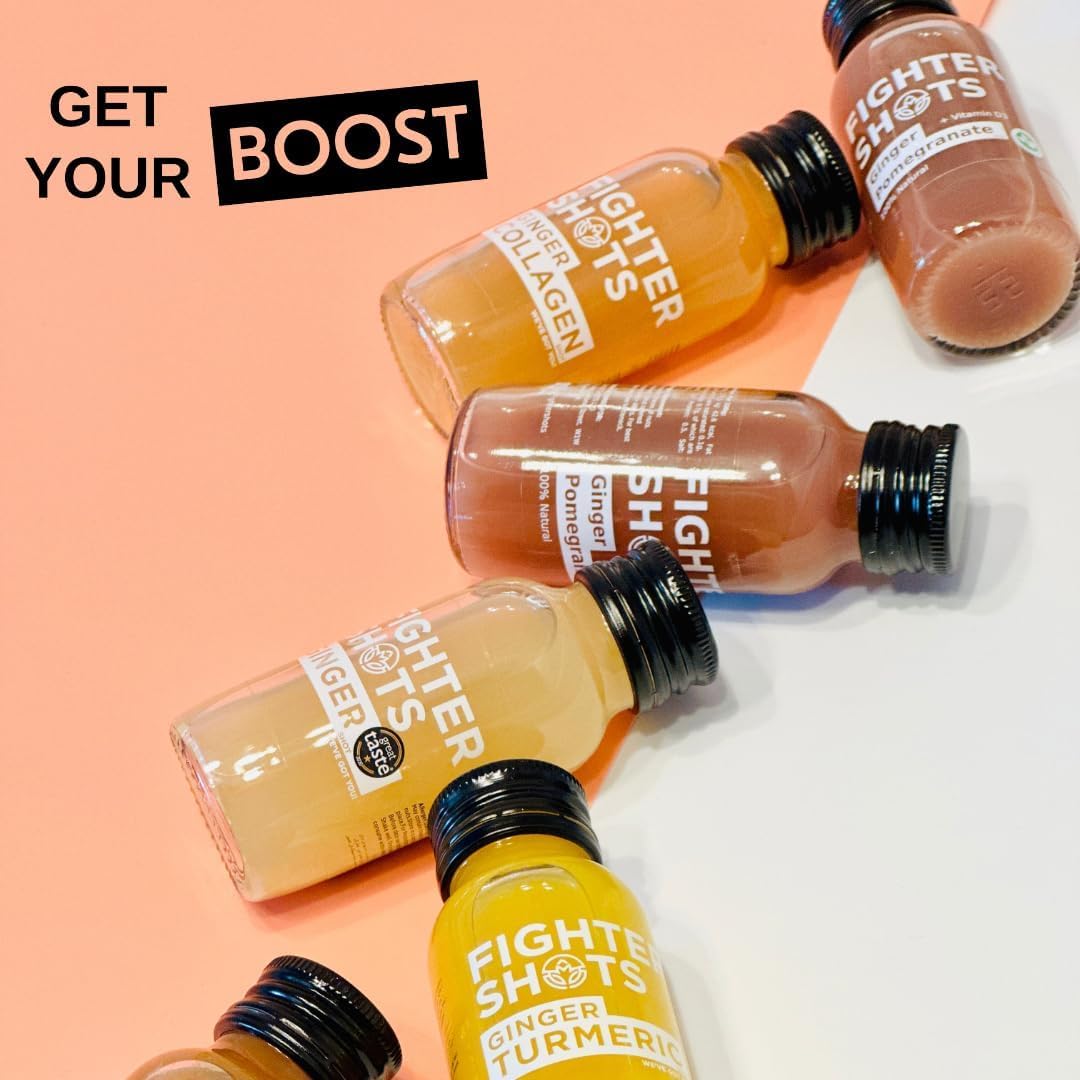 Fighter Shots Shots de collagène marin au gingembre (12 x 60 ml) | Peau et cheveux plus sains | 100 % naturels | Parfait matin/après l'entraînement | Sans conservateurs | Shots de gingembre frais et