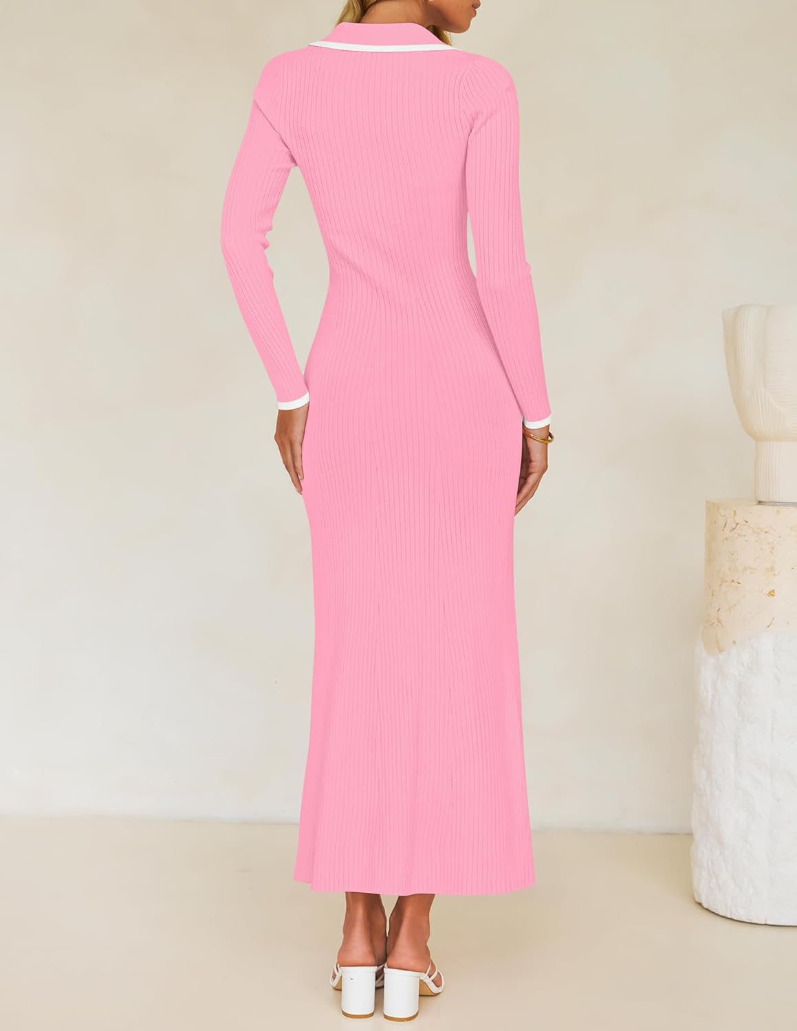 ZESICA Women's Long Sleeve Sweater Dress 2026 Fall V Neck Ribbed Knit Casual Formal Cocktail Bodycon Maxi Dresses - Image 4