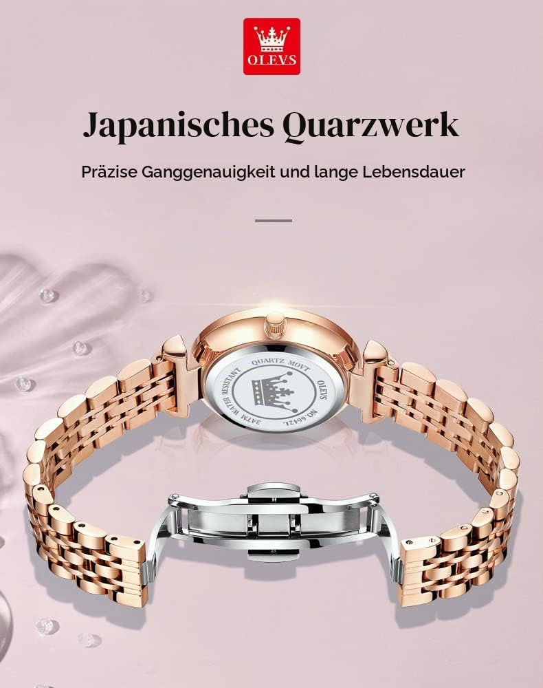 OLEVS Damenuhren Roségold Diamant Kleines Gesicht Edelstahlarmband Analoge Quarz Armbanduhren mit Kalender Leuchtend Wasserdicht Armreif Geschenke Set