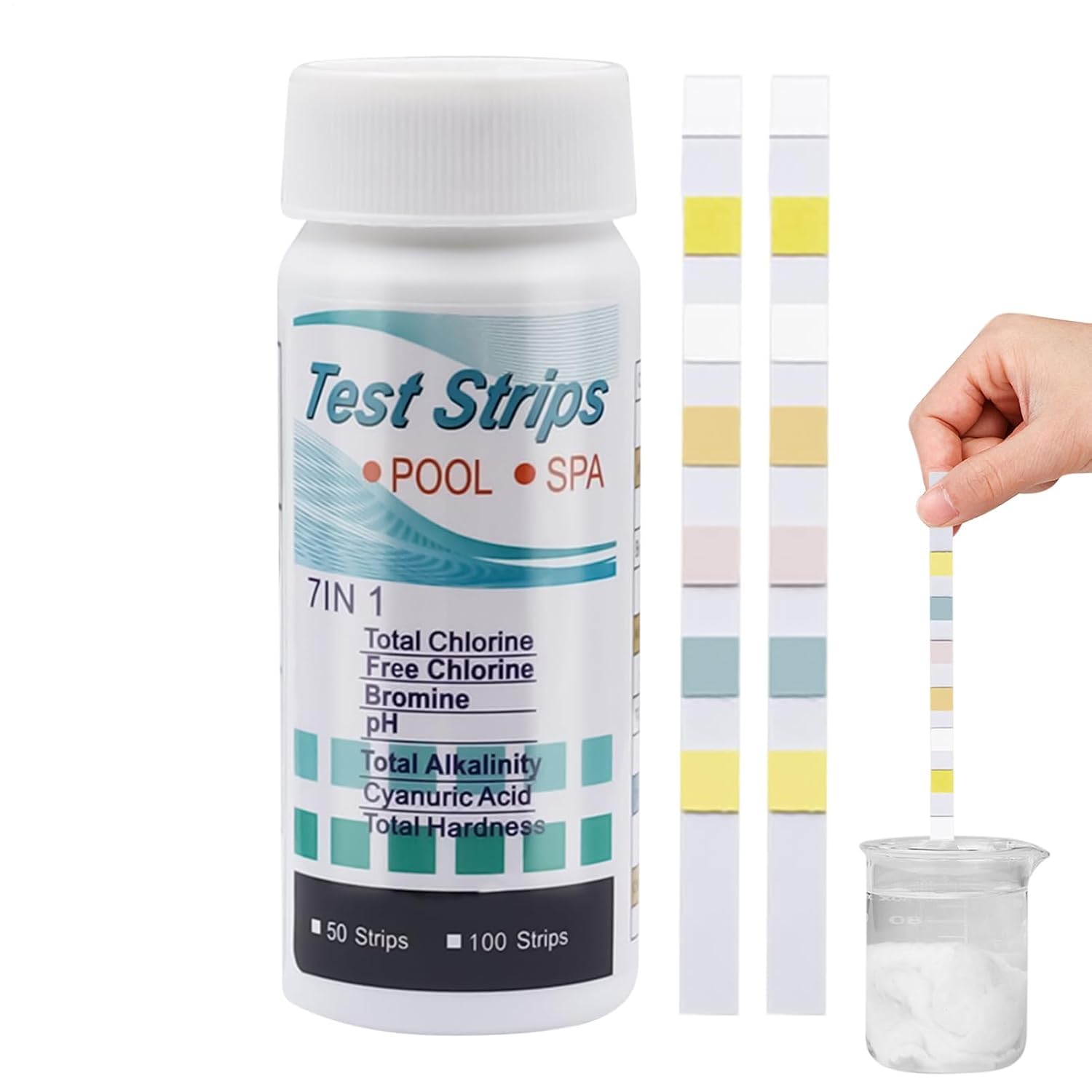 Szjinbao 7-Way Pool Test Strips, 50 Strips Water Chemical Testing for Hot tub and Spa, Accurate Test Bromine, Total Alkalinity, pH, Free Chlorine, Total Hardness, Cyanuric Acid, and Total Chlorine