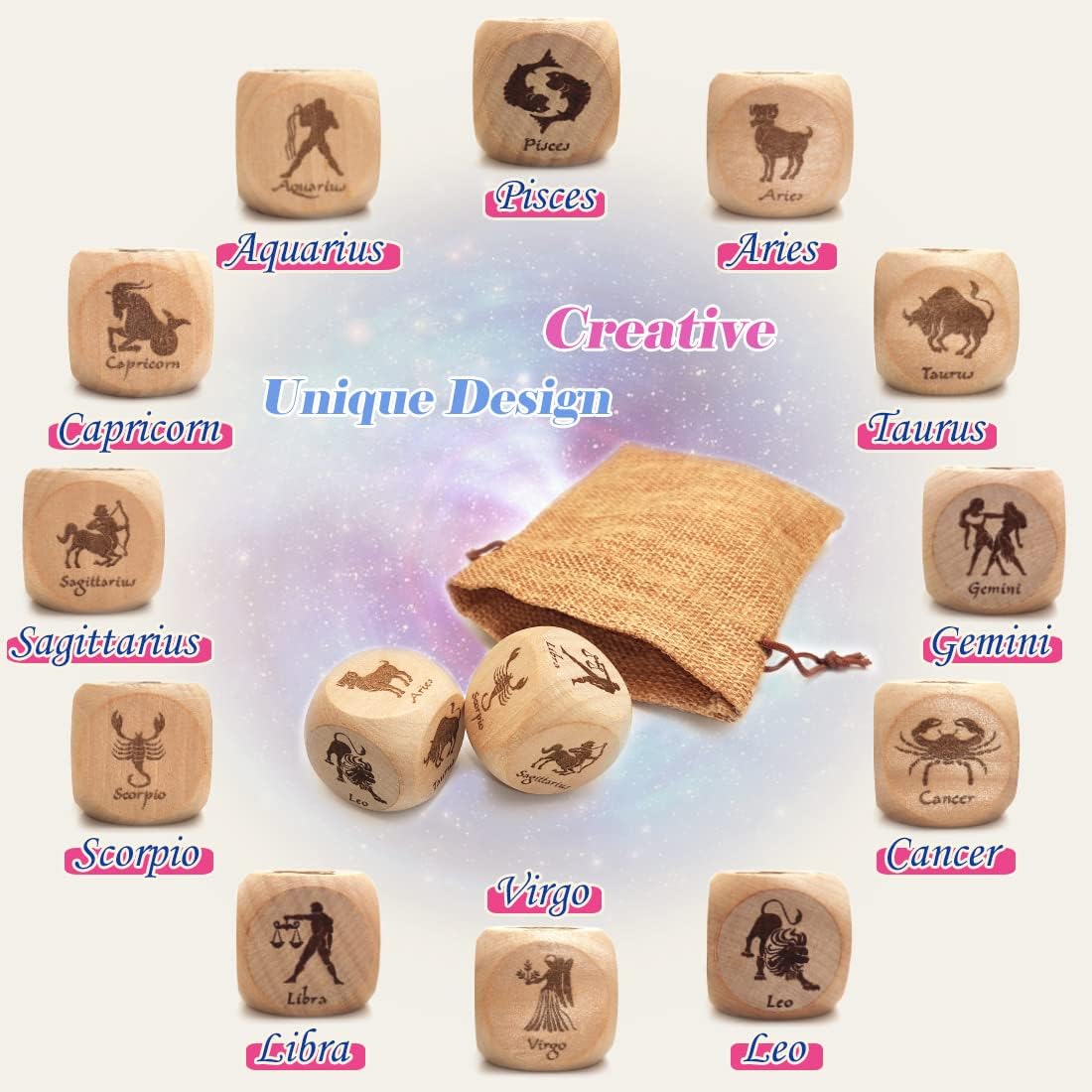 Creative 30MM Wooden Constellation Dice Set, Laser Engraved 6-Sided Wood Big Zodiac Dices for Constellation Divination Accessory (2Pcs/Set(1Pair), V1)