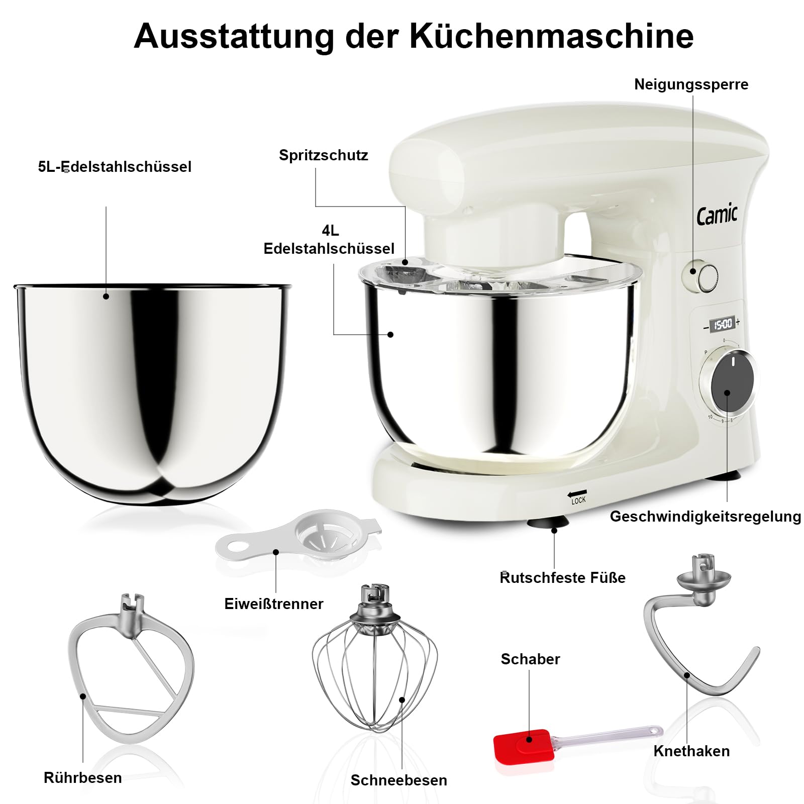 Camic Küchenmaschine mit LED-Display, Zeit Einstellen, Knetmaschine mit Rührhaken, Knethaken, Schlagbesen, 10 Stufen, 2 Edelstahlschüsseln 4L+5L, für Teig, Brot, Pizza, Kuchen (White)
