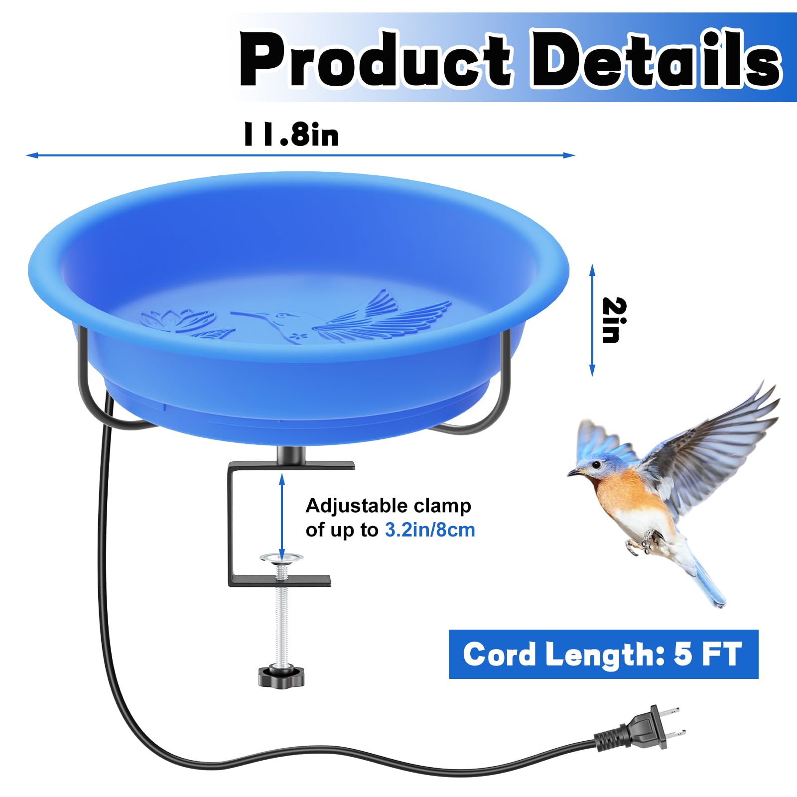 Beheizte Vogeltränke für den Außenbereich, Winter, 100 W, thermostatisch gesteuert, beheizte Vogeltränke, verstellbare Metallklemme für Deckgeländer, wasserbeheizte Vogeltränke für Außenbereich