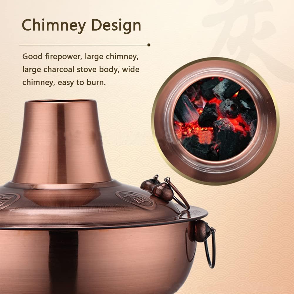 Copper Fondue Pot, Chinese Tranditional Hotpot,Shabu Pot Cooker Vintage Charcoal Copper Hot Stainless Steel Soup(Silver,28cm)