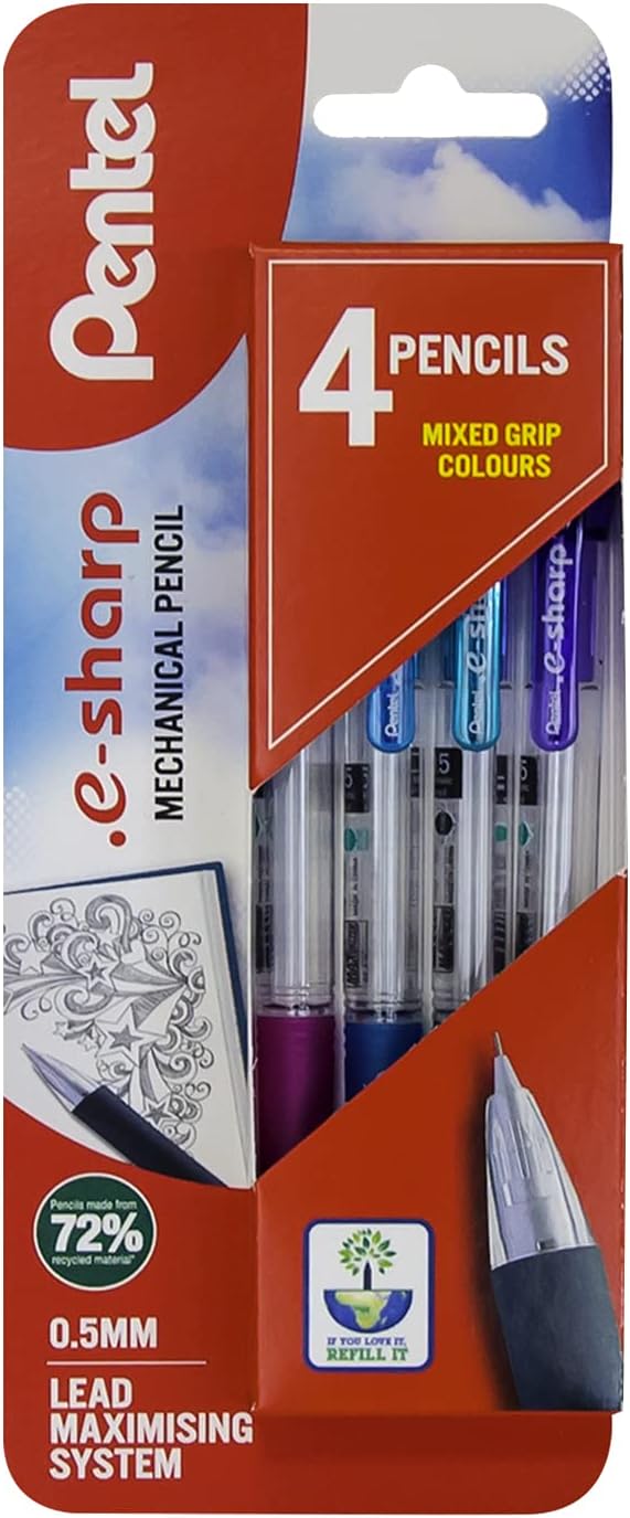 Pentel E-Sharp mechanical pencil, Assorted colours, 1 blister of 4 pencils