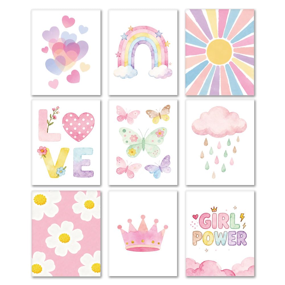 DOODLREAM 9PCS Unframed Waterproof Pink Nursery Canvas Wall Art Decor, Rainbow Sun Clouds Hearts Flowers 25 x 20 cm Canvas Wall Poster for Home Office Living Room Bedroom Decor