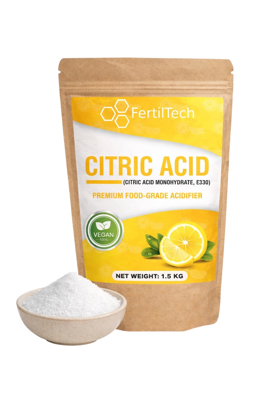 FertilTech Acide Citrique Monohydraté 1.5 kg E330 Qualité Alimentaire 100% Pur Pour Usages Alimentaires Cuisine et Pâtisserie Convient Aussi au Nettoyage Naturel Vegan