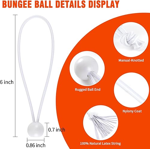 Miniatura 6 de Cuerda elástica de bola de 6 pulgadas, bola elástica blanca para cuerdas de amarre de lona, resistente para toldos al aire libre, tiendas de