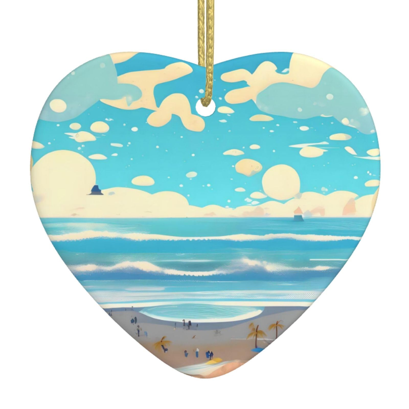 Beach Cartoon Ceramic Christmas Heart Pendant with Silk Thread, Christmas Tree Home Decoration