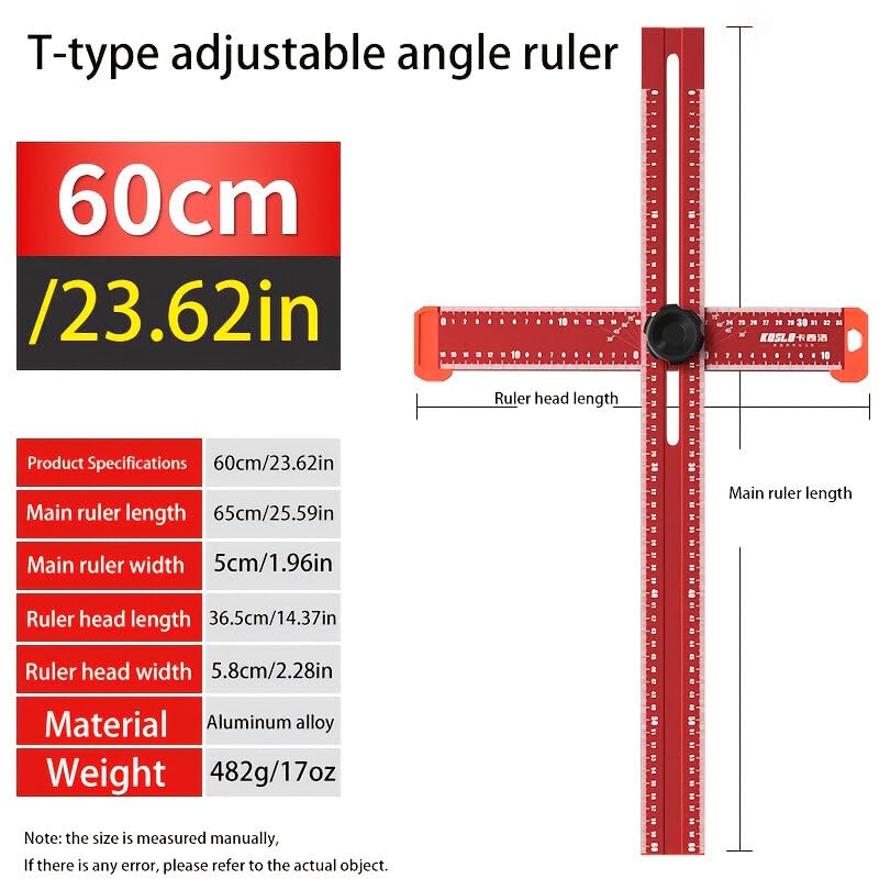 VIDOO Squadra a T Regolabile Lega Alluminio Strumento Misurazione Multi Angolo Riga di Precisione Legno Metrica-600mm