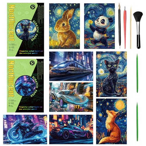 VLYX Regenbogen Kratzbilder Set, 8-Blöcke mit Stiftwerkzeugen, Tier- und Motorradmustern, Zeichnen & Skizzieren Kunstbedarf für Kinder und Erwachsene