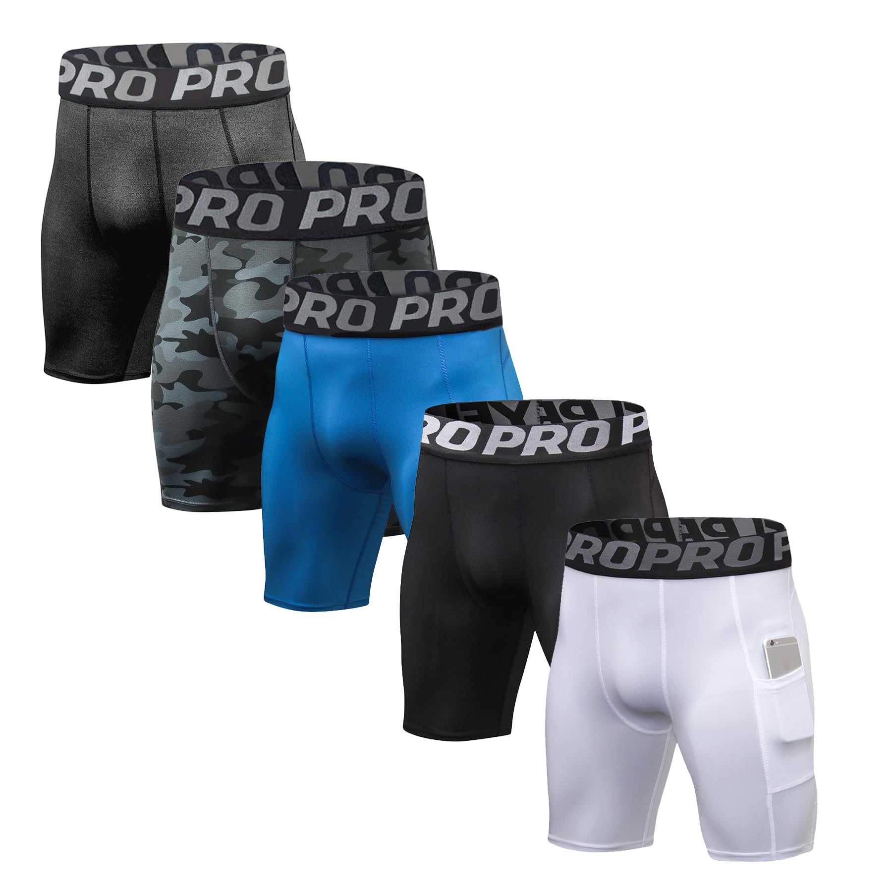 Set di 3/5 pantaloncini a compressione per sport da uomo, con abbigliamento sportivo e asciugatura istantanea, tasca sicura, pantaloncini da ciclismo, fitness, Set di 5: nero/blu/bianco