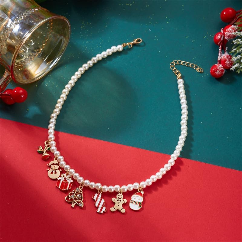 Christmas Necklace for Women Cute Christmas Tree Snowflake Snowman Candy Bell Gingerbread Men Pendant Necklace Elegant Xmas Theme Pearl Choker Charm Necklace Christmas Holiday Winter Party Jewelry - Image 7