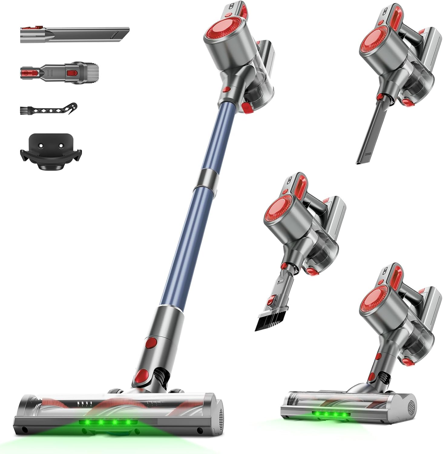Cordless Vacuum Cleaner for Home, Powerful Stick Vacuum with Rechargeable Battery, Green Light Anti-Tangle Brush, 6-in-1 Lightweight Handheld Vacuum for Pet Hair, Hard Floor, Carpet, Red