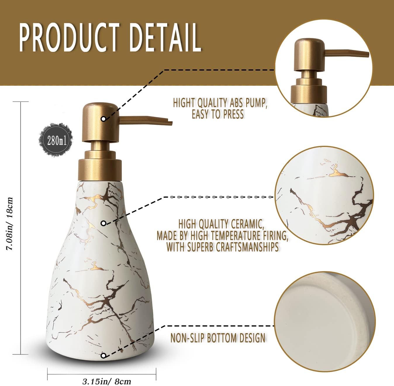 Ceramic Soap Dispenser for Bathroom White Soap Dispenser for Kitchen Dish Soap Dispenser with Marble Pattern Liquid Hand Soap Dispenser Pump Bottle - Image 6