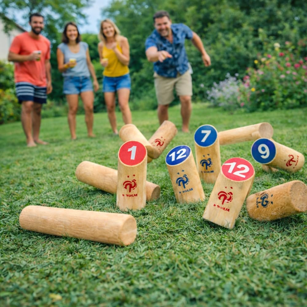 FFF Jeu de Quilles Finlandaises en Bois, Équipe de France, Jeu d'Adresse en Plein Air pour Jardin, Adultes et Enfants