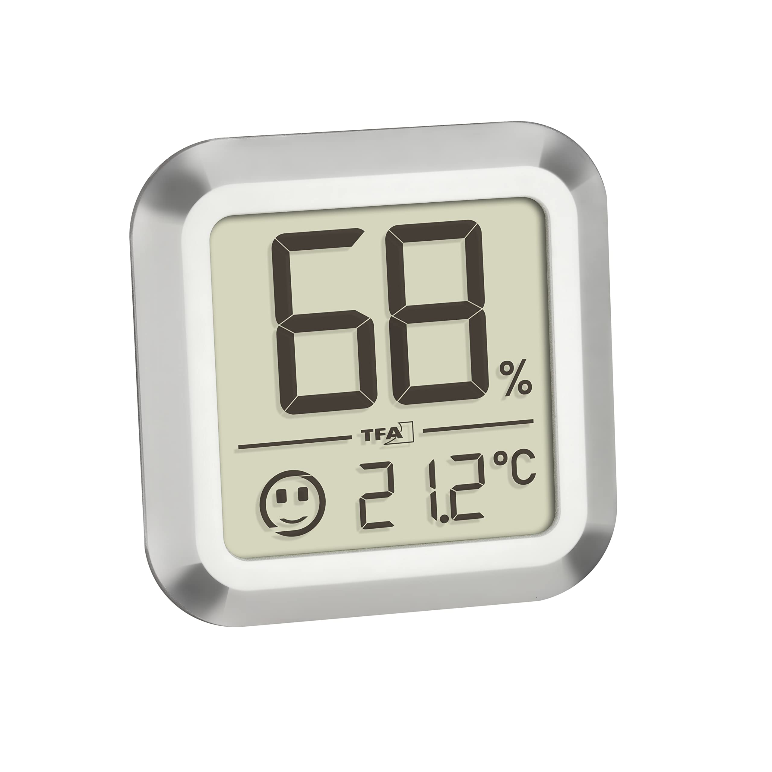 TFA Dostmann Cyfrowy higrometr do cygar, 30.5056.54, do montażu w szafce humidorowej/cygara, do pomiaru wilgotności powietrza, ze wskaźnikiem Smiley, srebrny