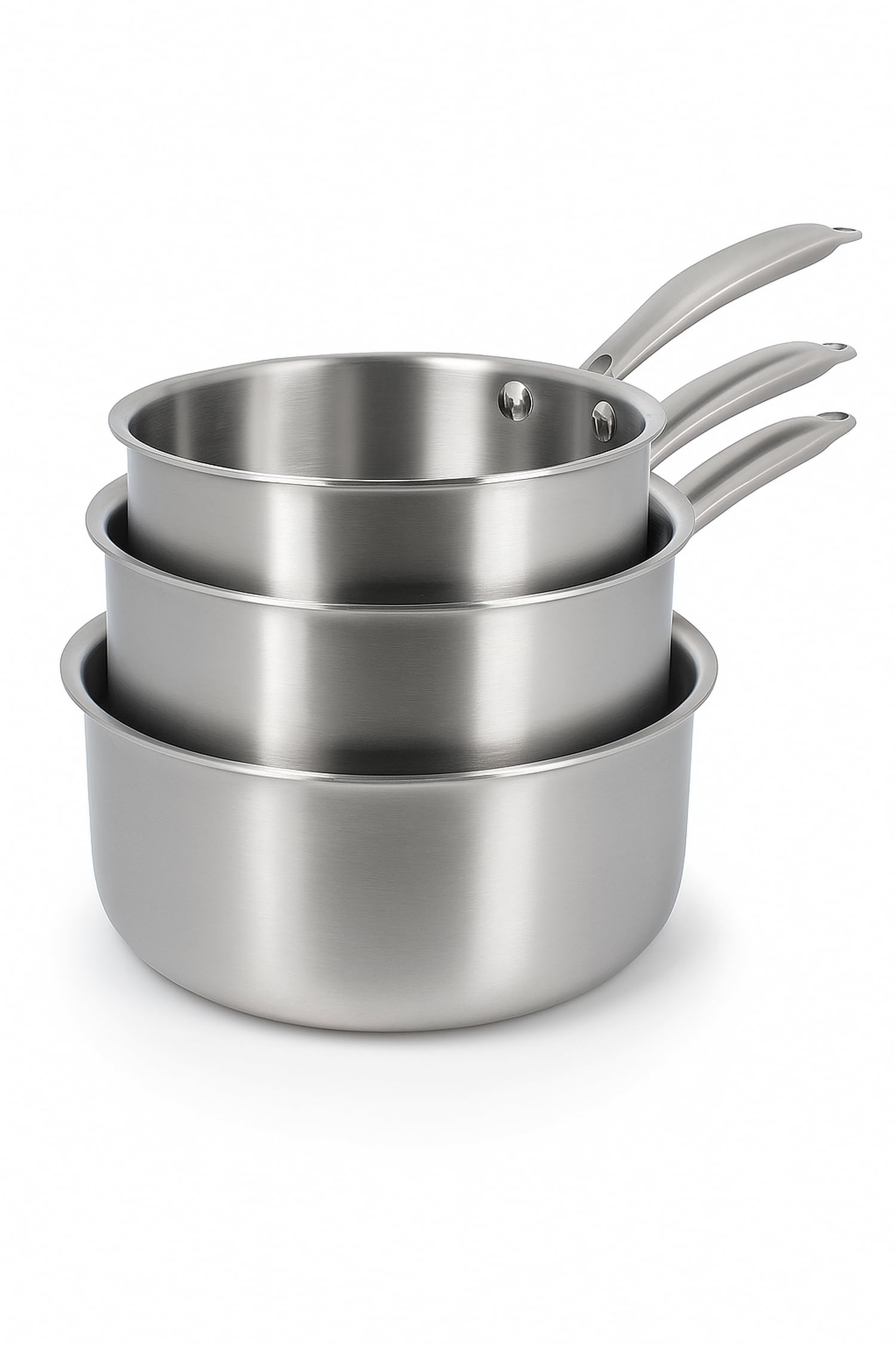 MENASTYL - Lot de 3 casseroles inox Triply 18/​10 tous feux dont induction fabriquées en France - sans PFAS ni substances nocives - Compatibles lave-​vaisselle - 16, 18, 20cm - Poignée rivetée - 6014202