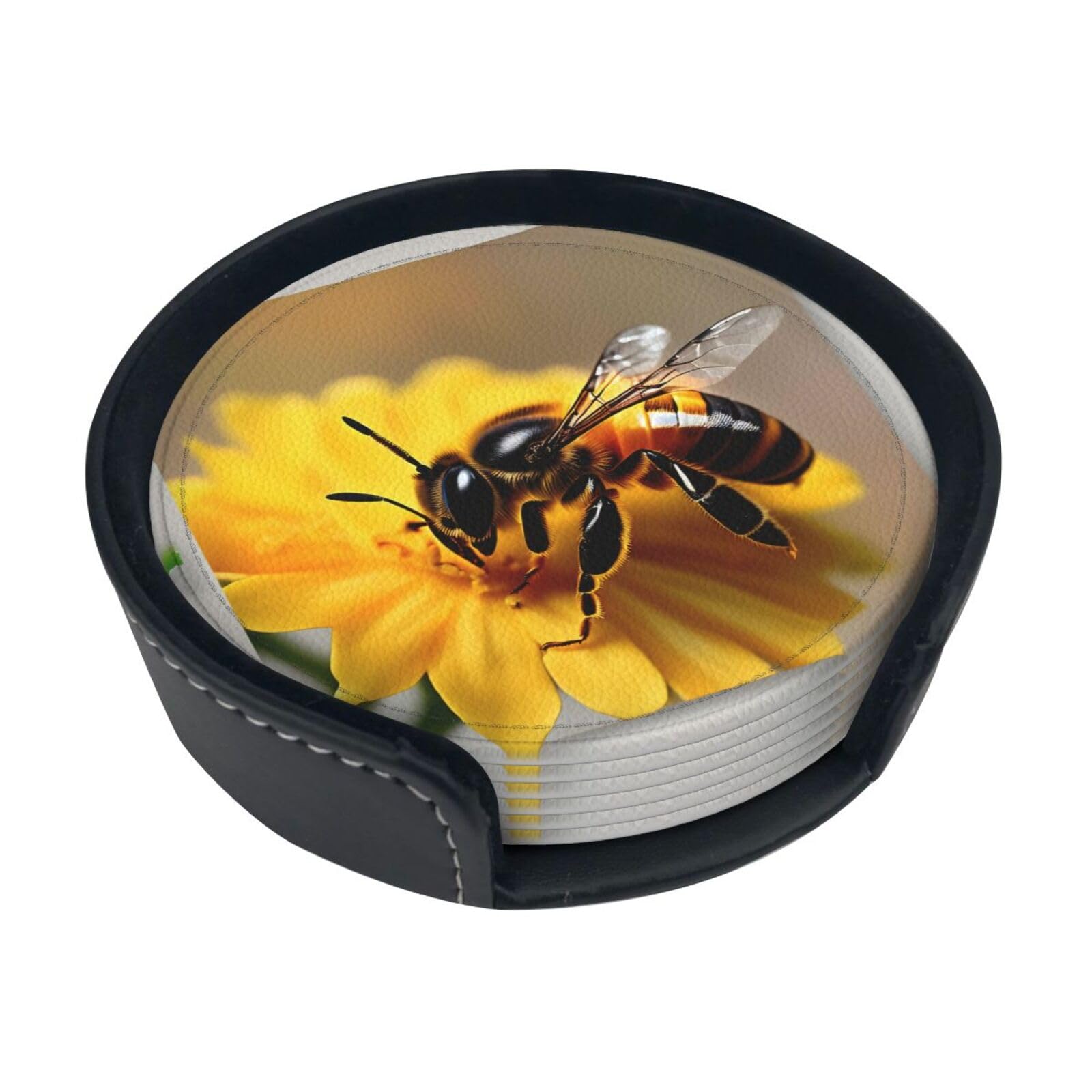 Honey Bee And Flower Print Round Coasters Set Of 6,Coaster For Tabletop Protection Home Bar Decor