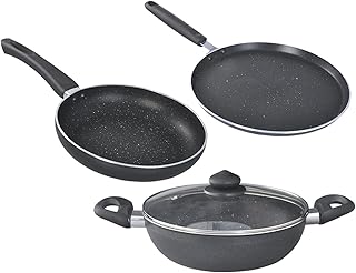 Prestige Omega Deluxe Granite Aluminium 3 Pcs Set- Tawa, Fry Pan & Kadai with 1 Glass Lid|Non-Stick|Spatter-Coated Surface|Induction & Gas Compatible|Black - 48% OFF Deal at ₹2,255 on Amazon | Valzo