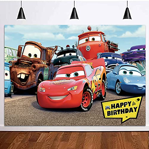Cartoon Car Birthday Party Themed Backdrops Clouds Blue Sky Public Road Photo Background 5X3Ft Kids Happy Birthday Banner Baby Shower Photo Booth Studio Props Cake Table Decor #TOP4
