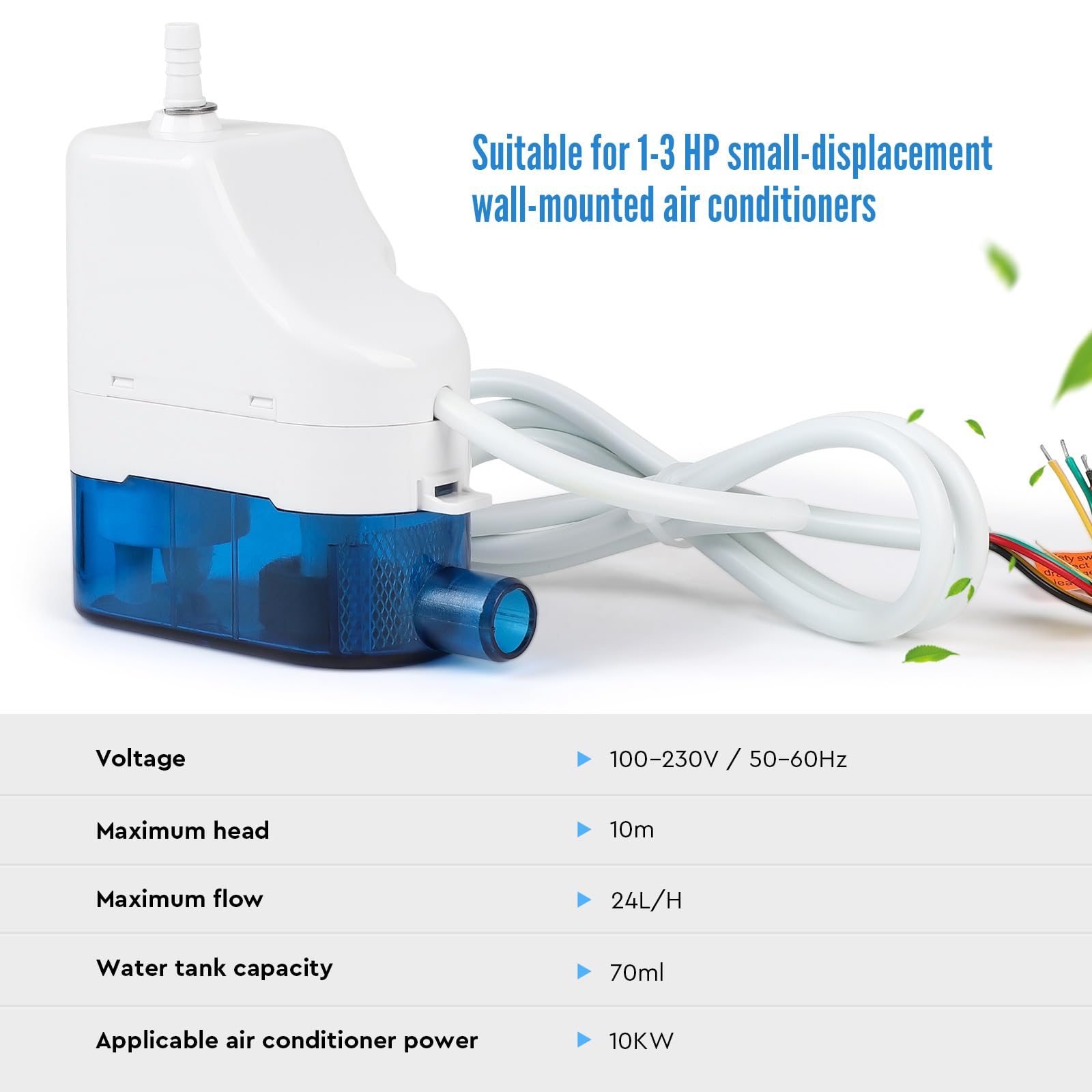 SWAWIS Pompa della Condensa per Condizionatore, 19dB Pompa di Scarico Condizionata Automatica con 70ml Serbatoio dell'Acqua, Portata Massima 24L/h, Prevalenza 10m, per Condizionatori d'Aria 10kW