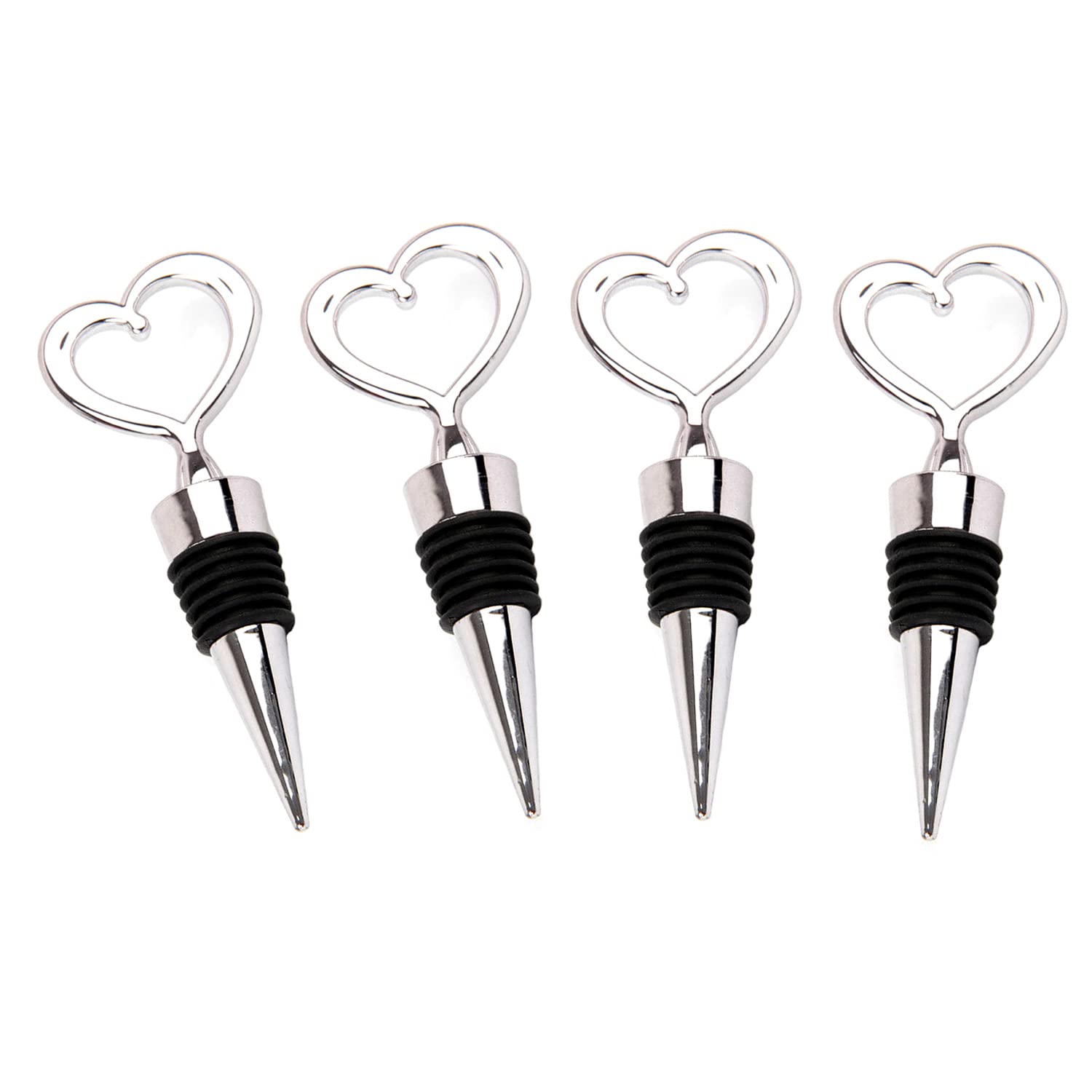 Booge 4 Pcs Silver Stainless Steel Love Design Wine Bottle Stoppers, Heart Shape Wine and Beverage Bottle Stoppers for Guests