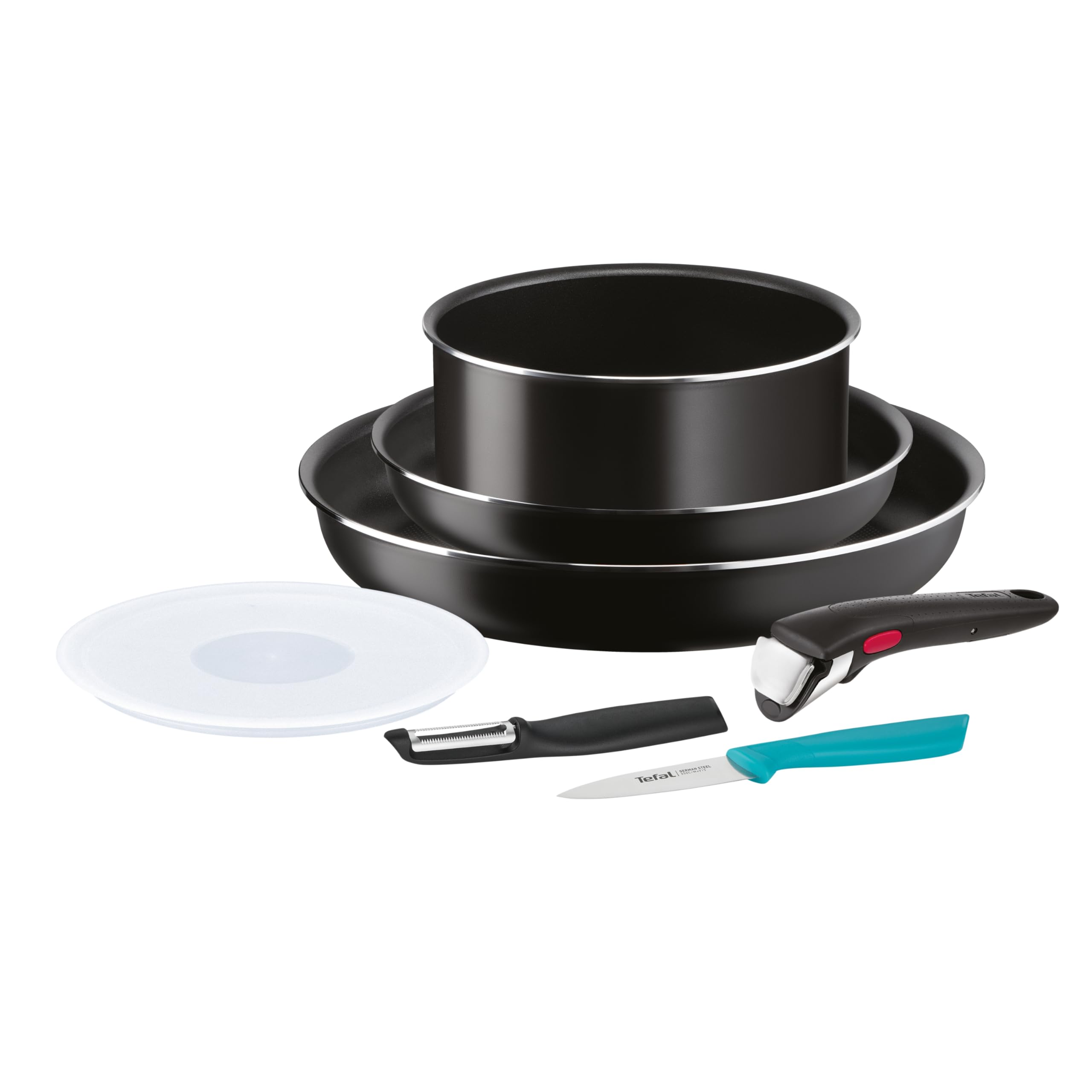 Tefal Ingenio Set di 7 utensili da cucina, padelle e coperchio ermetico, pelapatate, coltello da ufficio, manico rimovibile, design impilabile, compatibile con lavastoviglie, Essential L1549002