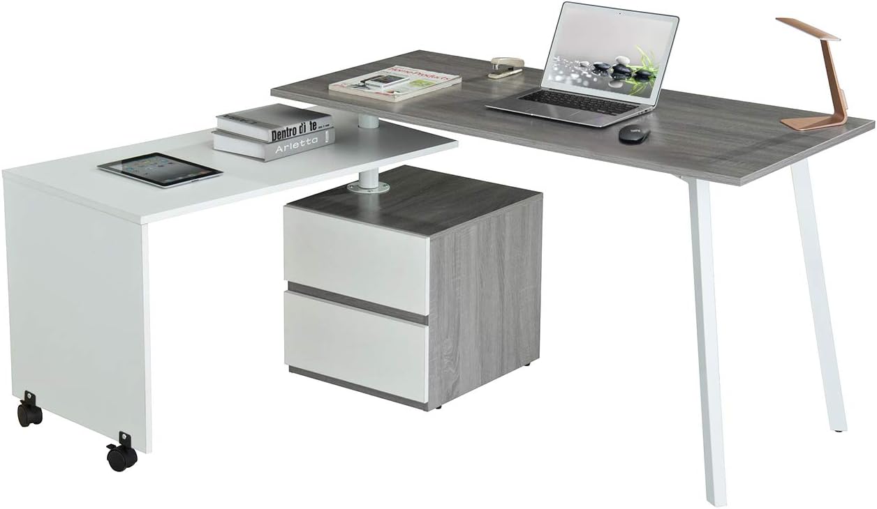 Adjustable L-Shaped Computer Desk with Rolling Tabletop for Multiple Configurations, Two-Drawer Cabinet, and Sturdy Steel Legs – Space-Saving, Ergonomic Design for Home Office or Workspace, Grey