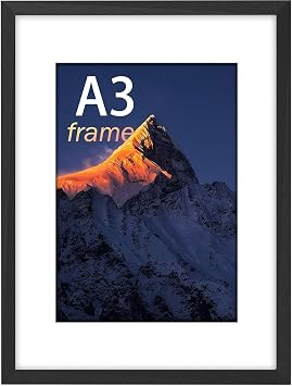 A3 Picture Frame, Wooden A3 Frame, Photo Frame Black with Plexiglass and Mount, Poster Frame with Mount, Puzzle Frames for Tabletop or Wall Hanging, Black