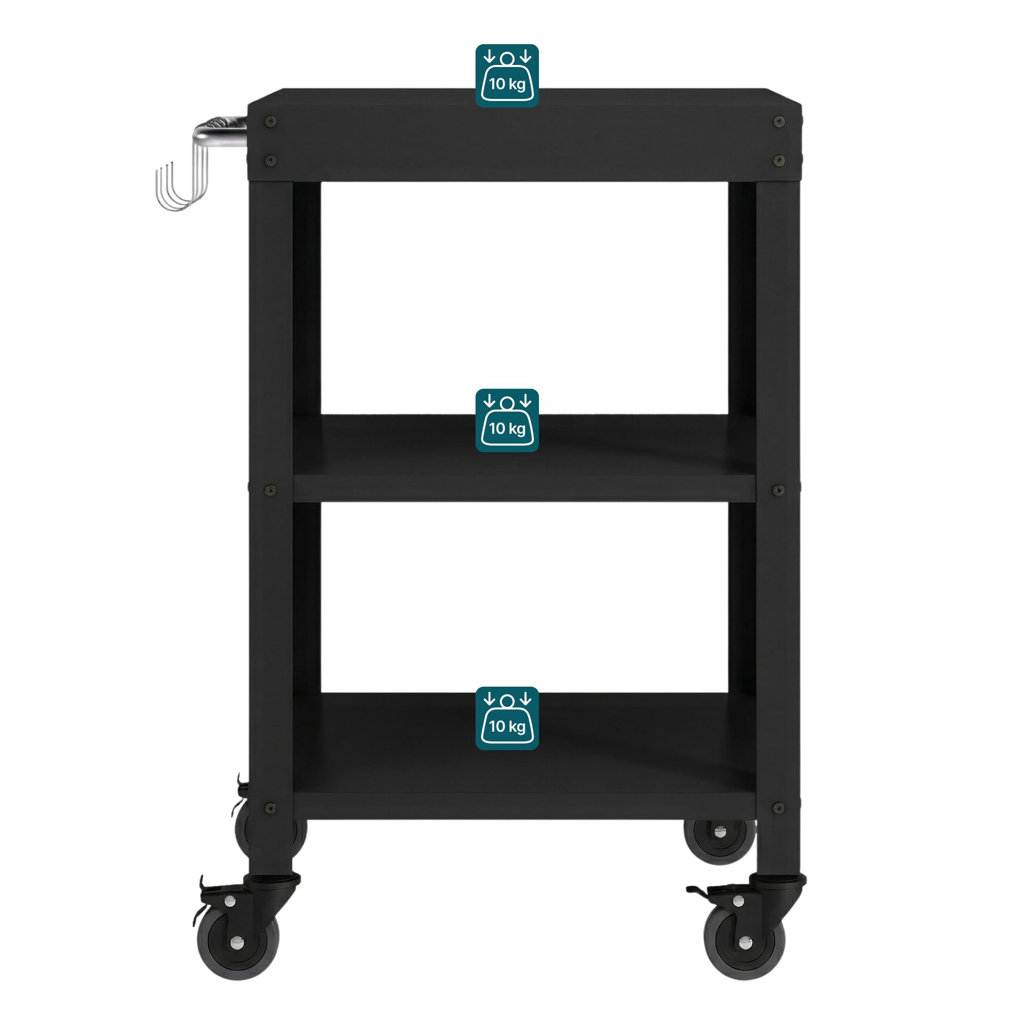 casa.pro Carro de Servicio Bolognano para Jardín Carrito Auxiliar con Ruedas de Exterior Carro de Barbacoa de 3 Niveles Patio Piscina Terraza Metal 81 x 50 x 50 cm - Negro