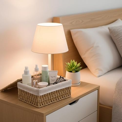 Small Wicker Basket with Lid Paper Rope Storage Baskets for Shelves Set of 3 Tampon Holder with Lid and Removable Liner for Bathroom Makeup Closet Drawer Desk Organizer (Khaki)(Khaki)